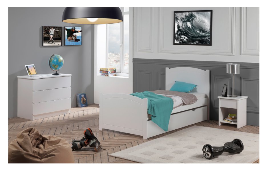 Image Pack 4 pices Lit Enfant Ado Avec Tiroir Rangement Florence 90x190 cm + Sommier + Matelas + Commode + Table Chevet tiroir couleur Blanc