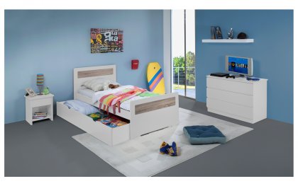 Chambre Enfant Ado New Delhi Lit 90x190 Tiroir Rangement Couleur Blanc table chevet tiroir + Commode
